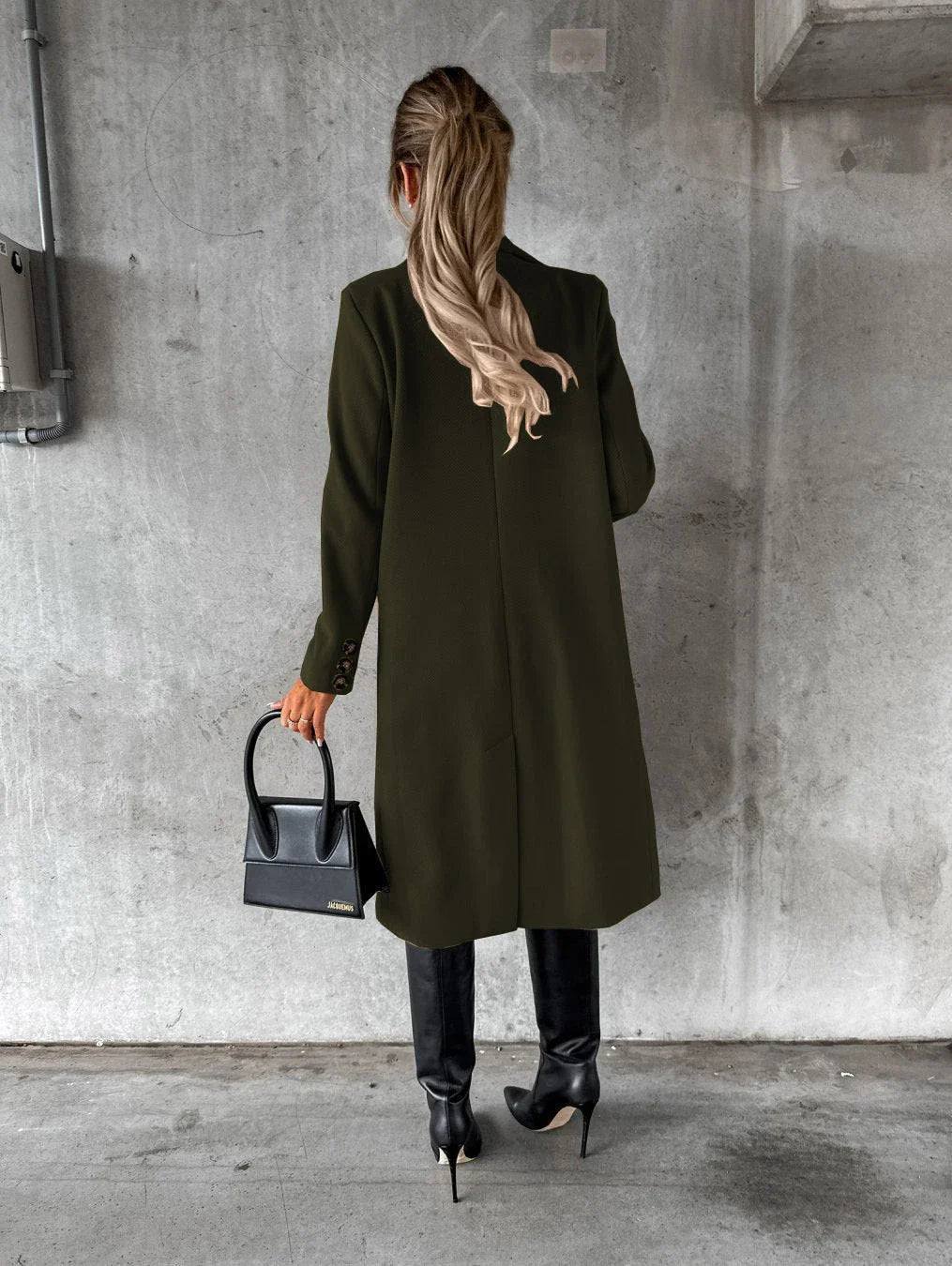 Women's long polyester winter coat in various colors including light grey, black, khaki, army green, and more