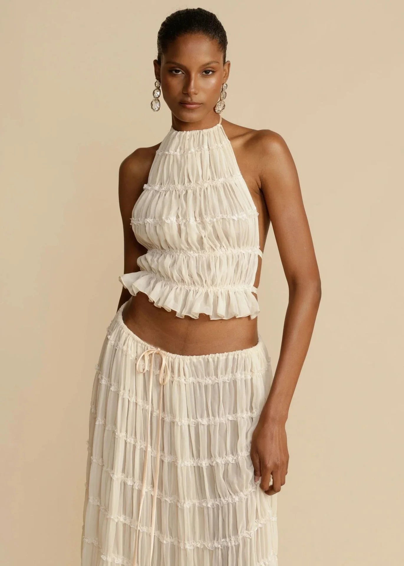 Chic sleeveless backless cropped halter top and pleated maxi dress set in various colors