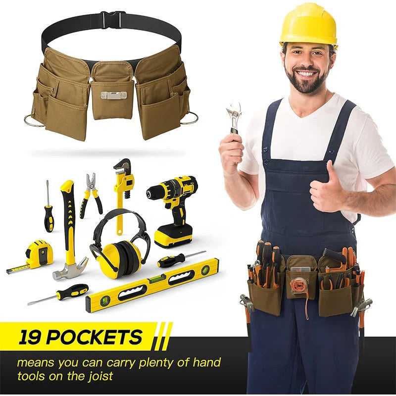 Adjustable tool belt made from durable 900D Oxford cloth with 19 pockets and 20 kg capacity, available in khaki and pink colours