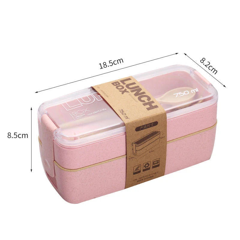 A stylish microwave-safe lunch box with a removable soup mug in various colours, including pink, green, and apricot