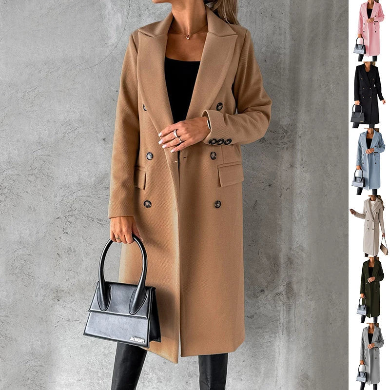 Women's long polyester winter coat in various colors including light grey, black, khaki, army green, and more