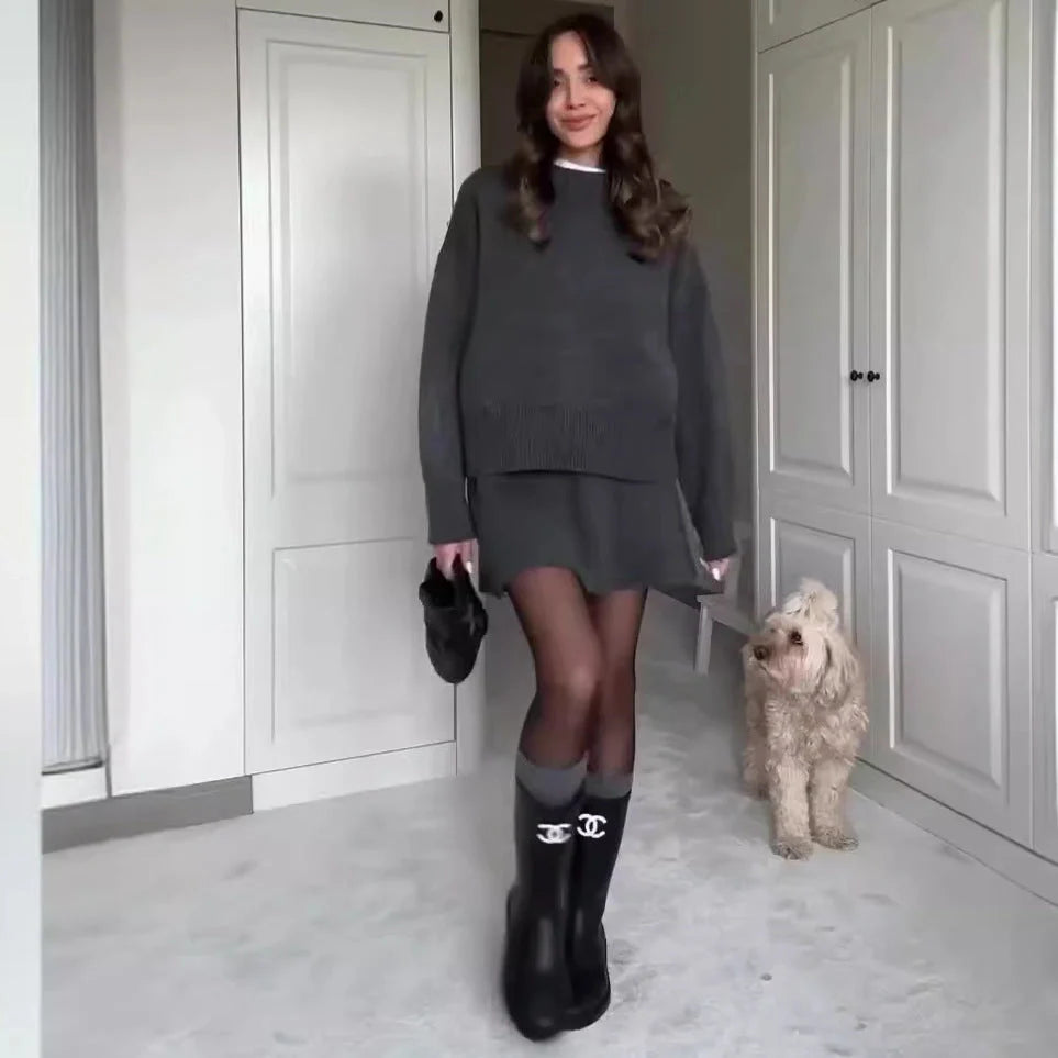 Sophisticated two-piece knit jumper and mini skirt set in a range of classic colours