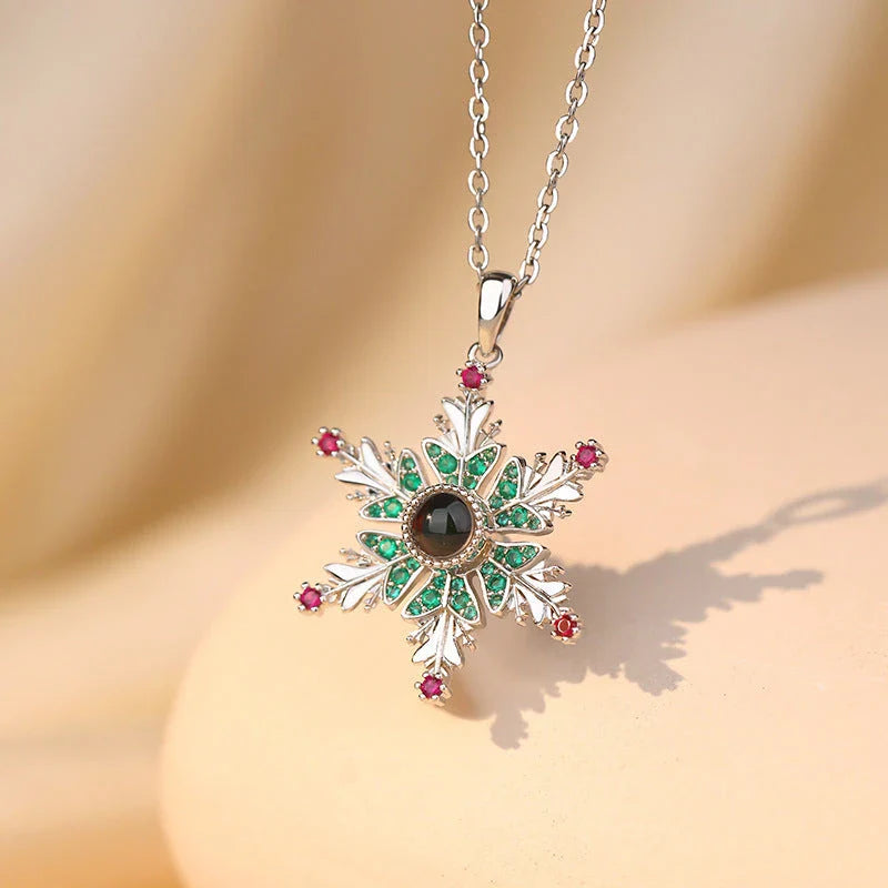 Elegant Snowflake Projection Necklace with Copper Chain and Festive Holiday Design