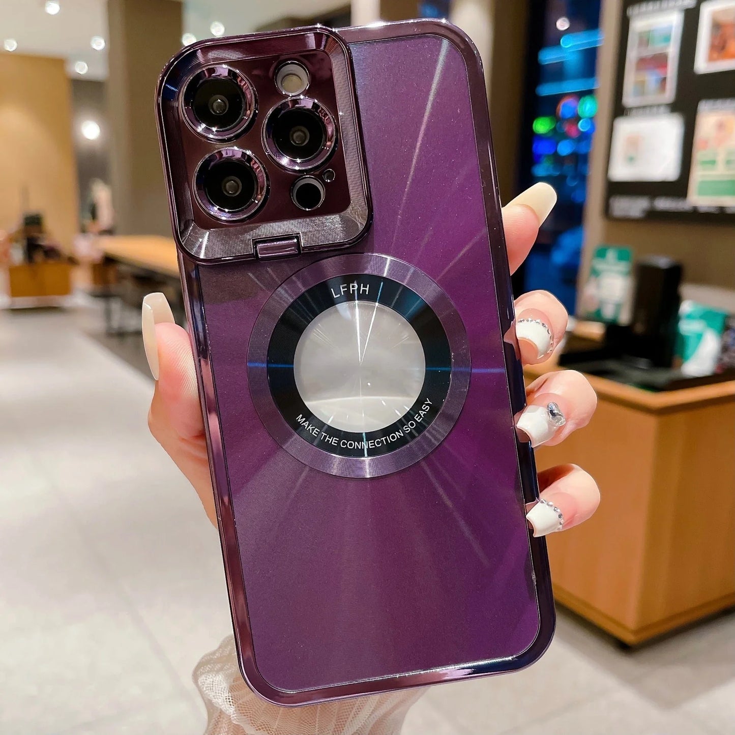 Sleek and stylish Magsafe phone case with invisible camera stand and CD pattern design