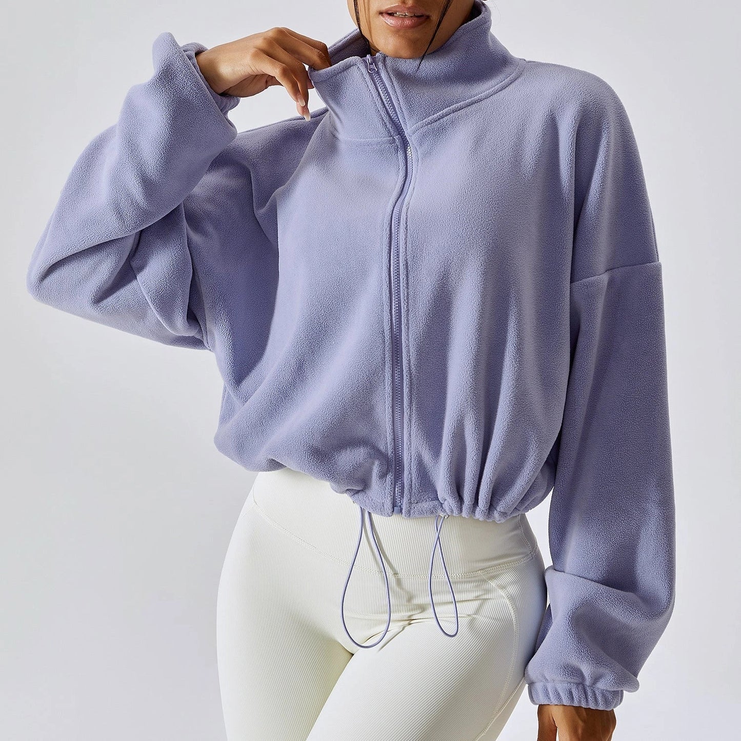 Luxurious cashmere-blend autumn jacket for women with stand collar and loose fit, available in a range of classic British colours