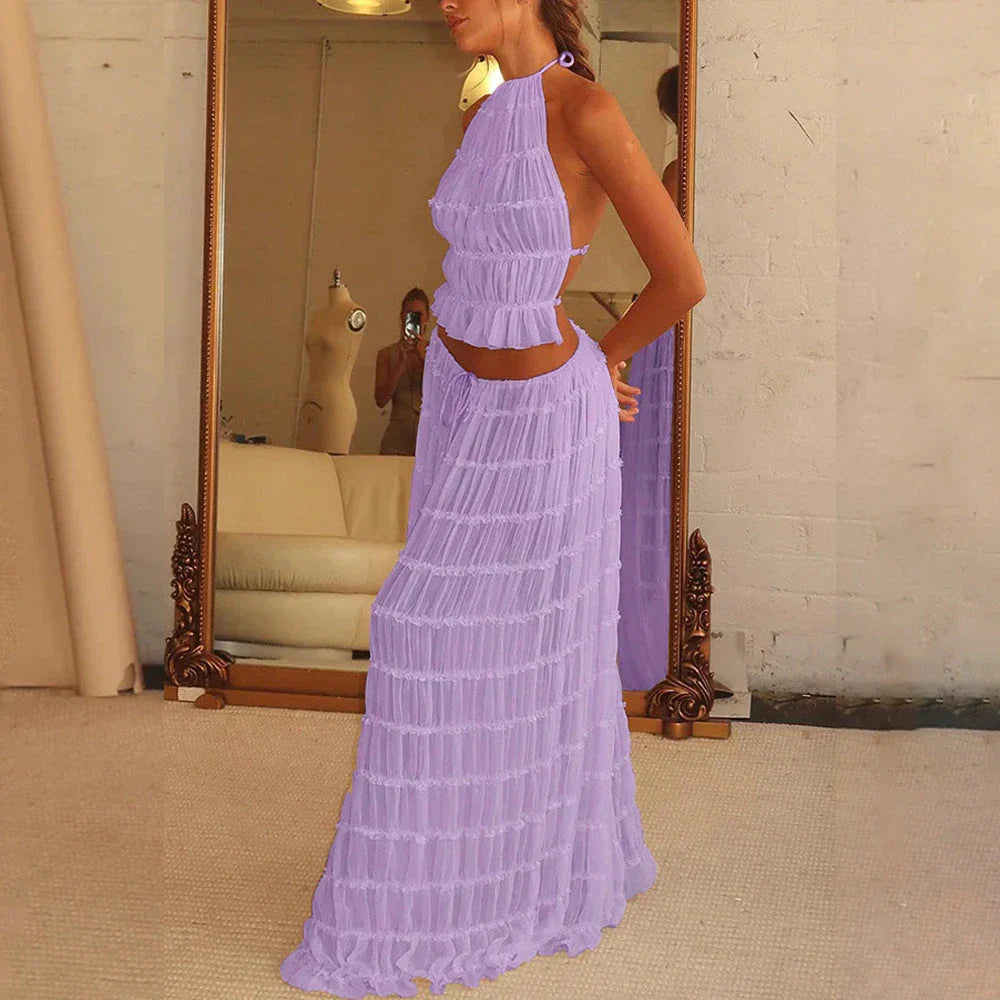 Chic sleeveless backless cropped halter top and pleated maxi dress set in various colors