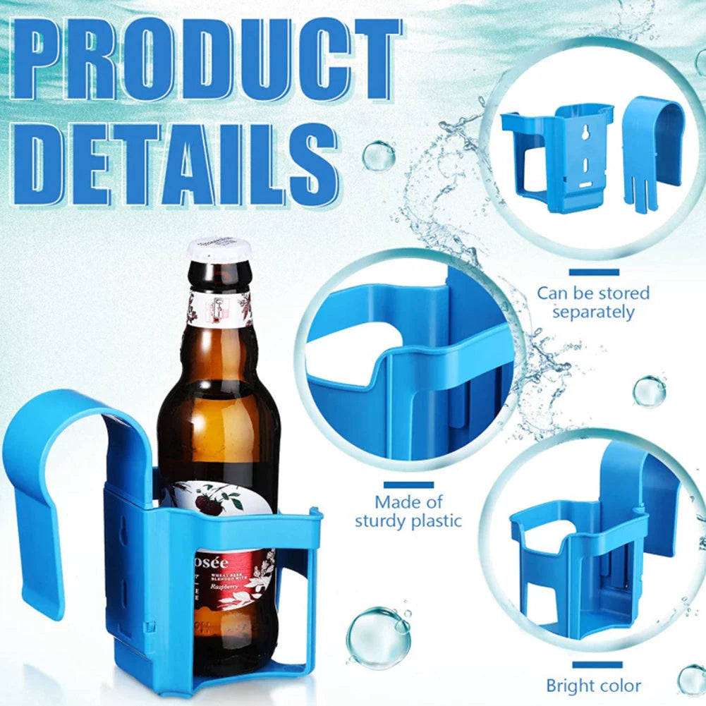 Poolside drink holder attached to the edge of a swimming pool, securely holding a variety of beverage containers.
