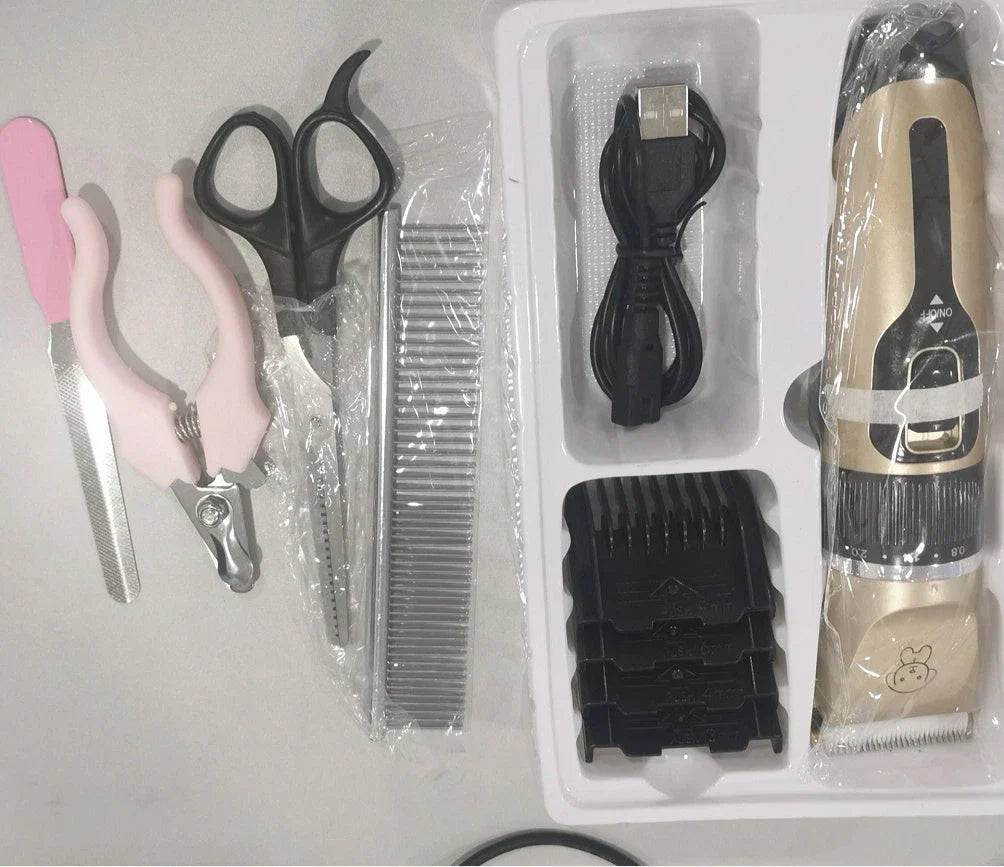A precision dog hair trimmer with a quiet motor, featuring five speed settings, a titanium alloy fixed knife, and a long-lasting rechargeable battery for a stress-free grooming experience.