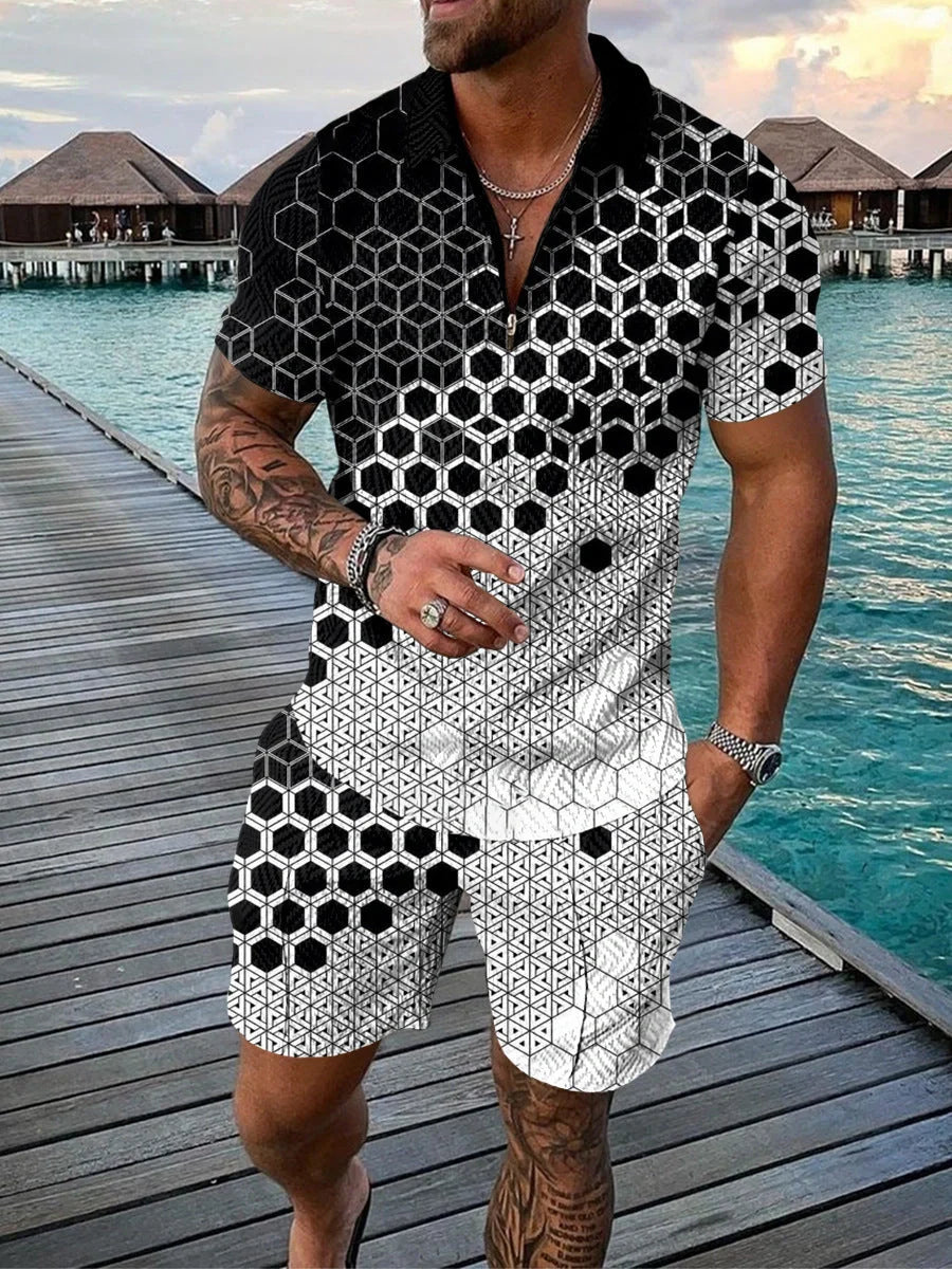 Men's casual contrast polo zip lapel shirt with shorts set in various colours