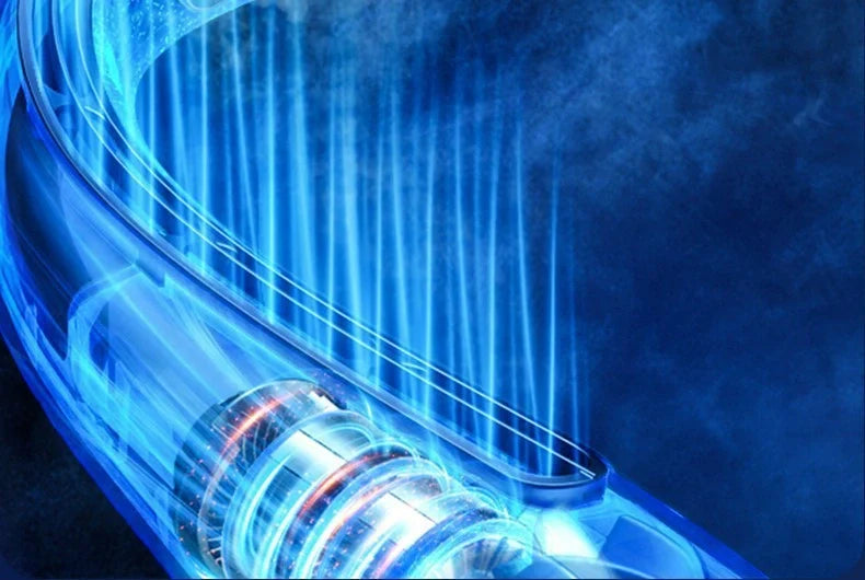 Neck-mounted bladeless fan with imitation aircraft turbine design, dual air outlets, and chilled aluminium sheets for rapid cooling
