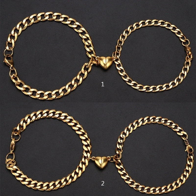 Elegant titanium steel couple bracelets with heart design, perfect for love gifts.