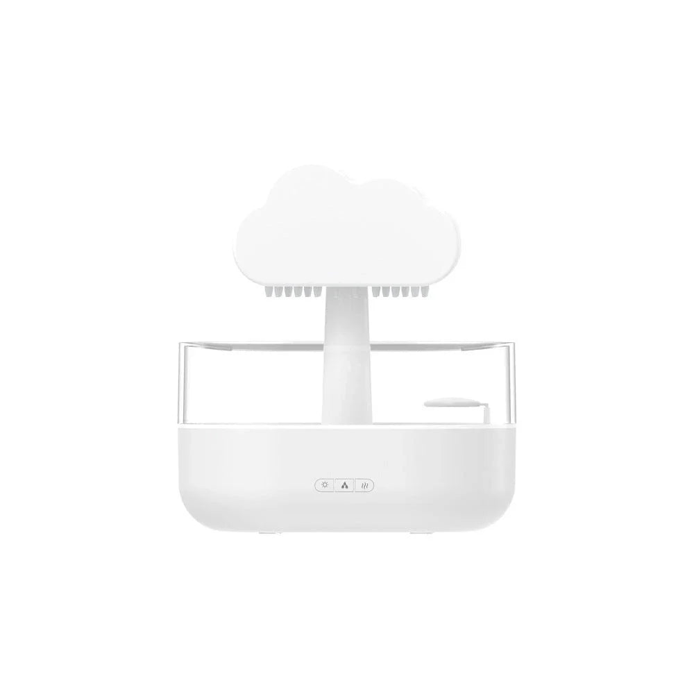 Stylish rain cloud-inspired humidifier with color-changing LED lights and essential oil diffuser for a relaxing and aromatic experience