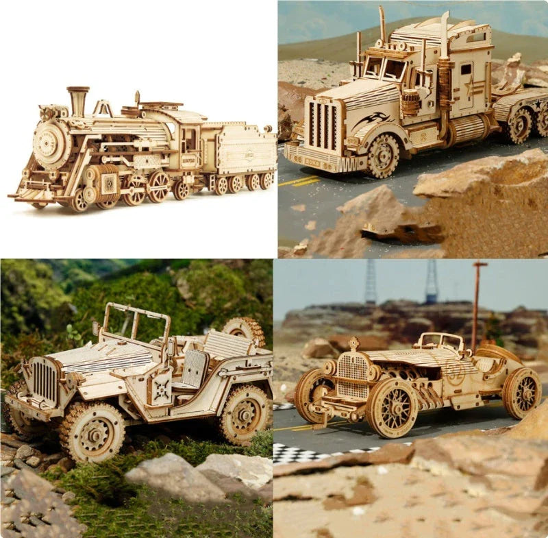 Premium wooden train model kit with detailed components and instructions for DIY assembly