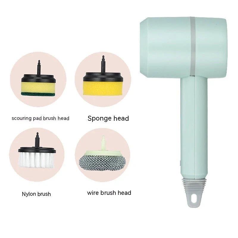 Powerful automatic cordless cleaning brush with interchangeable brush heads for cleaning kitchen, bathroom, and other surfaces