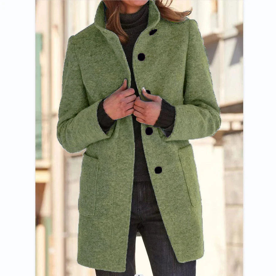 Fashionable wool coat with stand collar and pockets for women's fall/winter outerwear