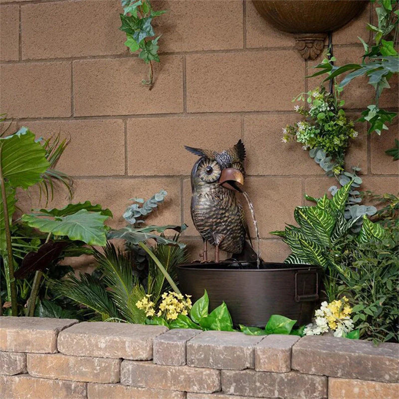 Hand-painted resin crow garden fountain with flowing water feature