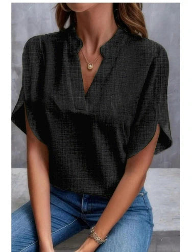 Women's summer short-sleeved chiffon shirt with V-neck design in various colours