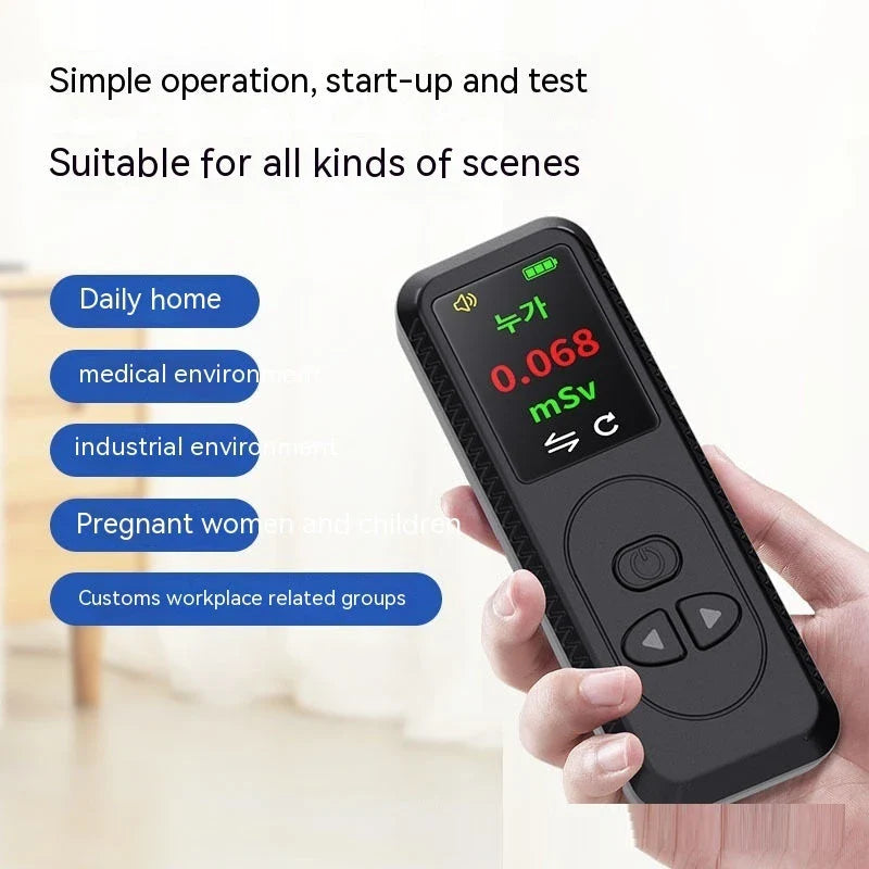 Portable nuclear radiation detector with TFT color display, G-M tube, and adjustable alarm settings for precise radiation monitoring
