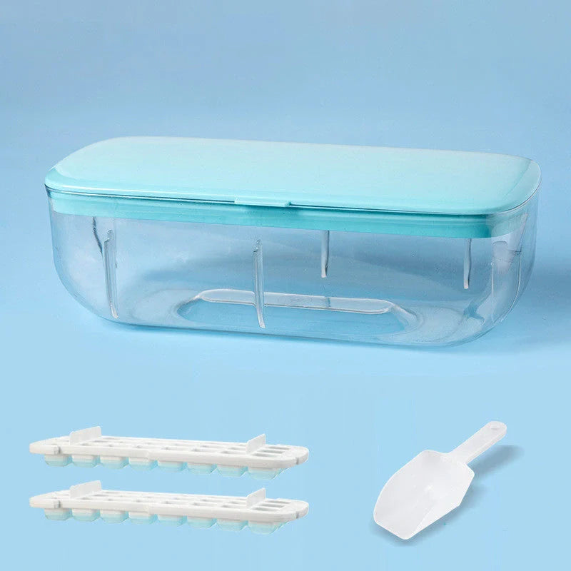 Quick demould ice cube tray set with storage box in yellow, blue, and pink