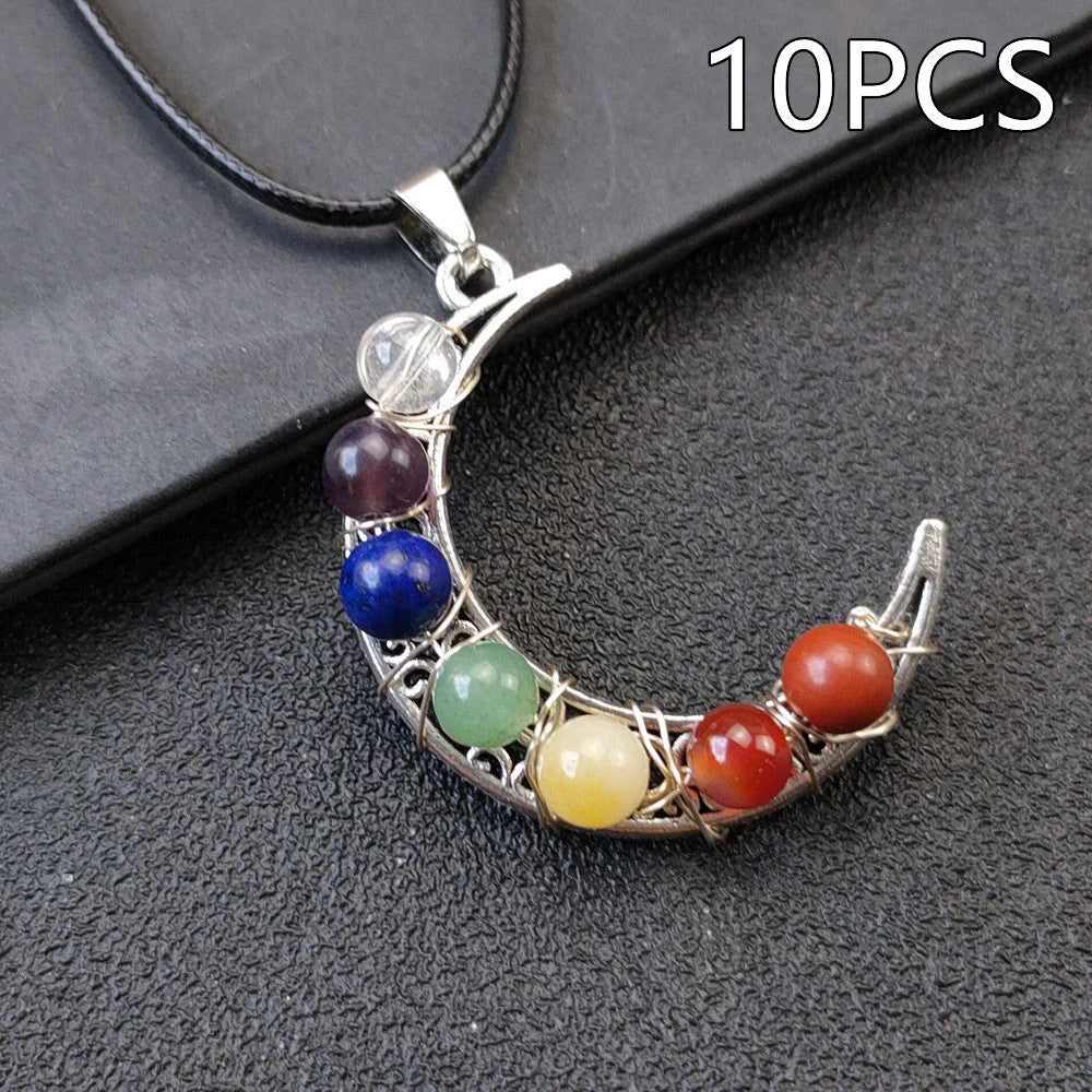 Seven Chakras Crystal Moon Pentagram Necklace in bohemian style