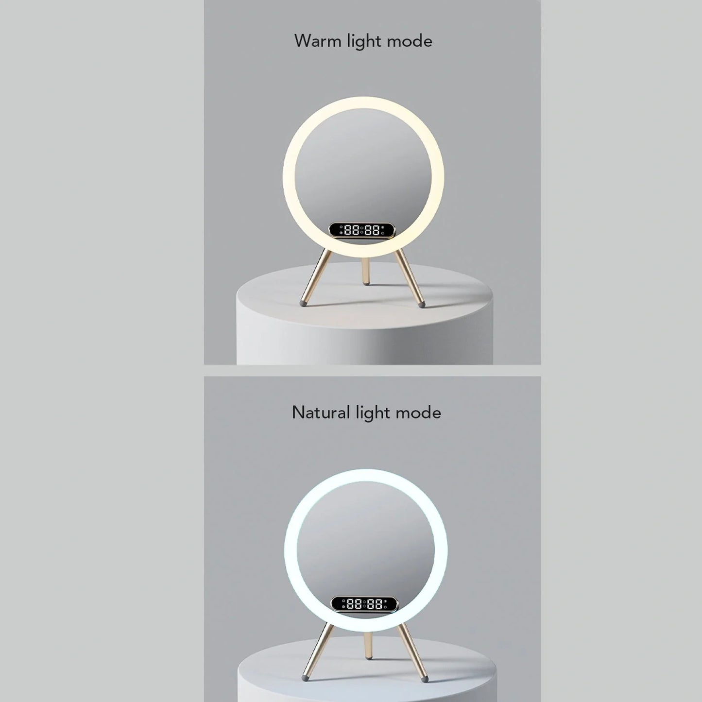 Multi-function LED mirror alarm clock with wireless charging and Bluetooth speaker in blue and white