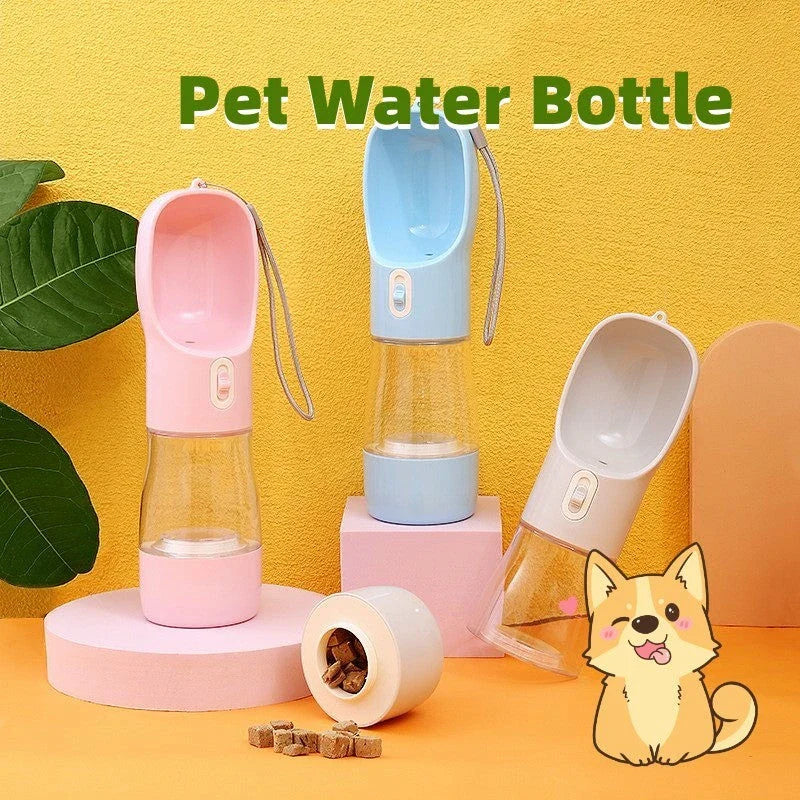 Portable pet water bottle and food bowl made of durable plastic, available in multiple colors for outdoor adventures with your furry friend.