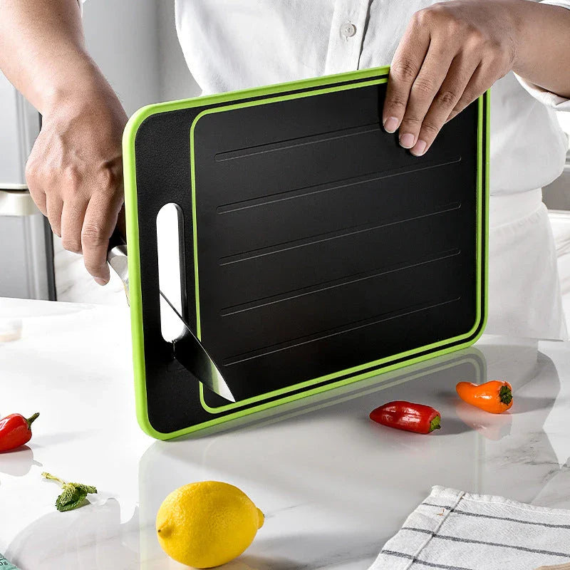 Versatile cutting board with dual-sided design, grinding teeth, and built-in whetstone for efficient chopping, grinding, and knife sharpening in the kitchen