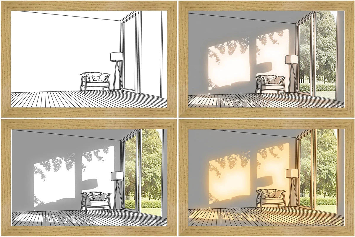 Illuminating LED picture light with customizable lighting modes, showcasing various nature scenes and cityscapes
