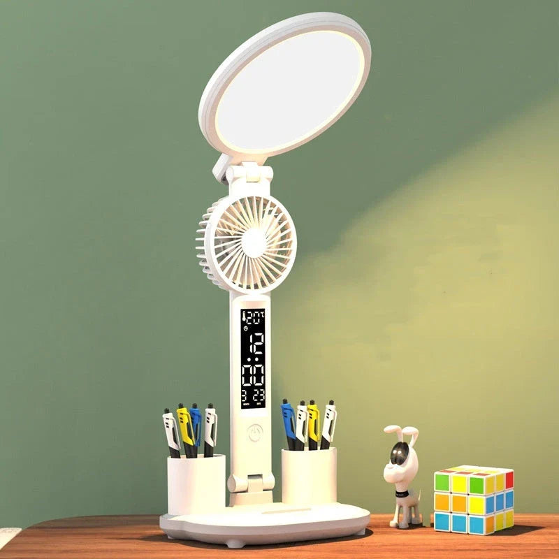 Versatile USB charging table lamp with LED clock, dimmable lighting, and detachable fan for workspace convenience and comfort