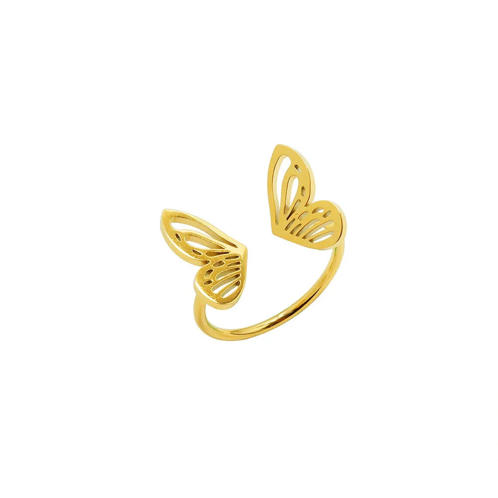 Adjustable hollow butterfly ring in titanium steel, available in golden and steel colours.