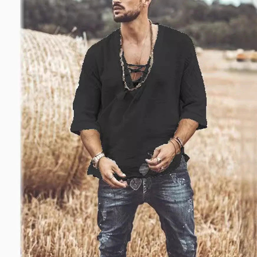 Lace-up cotton mid-sleeve t-shirt in various colours and sizes, perfect for casual and smart-casual occasions