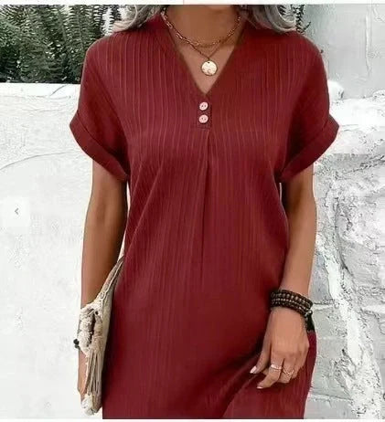 Stylish V-neck short-sleeved women's dress in various colours