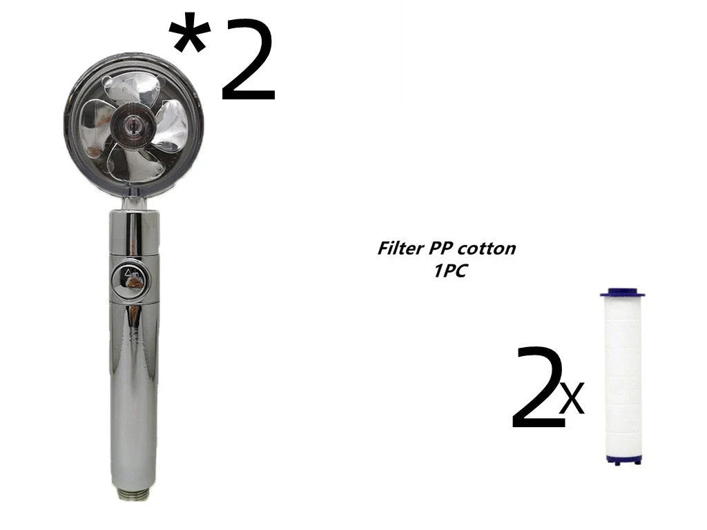 A high-pressure shower head with a stop button, cotton filter, and powerful water pressure for a luxurious bathing experience.