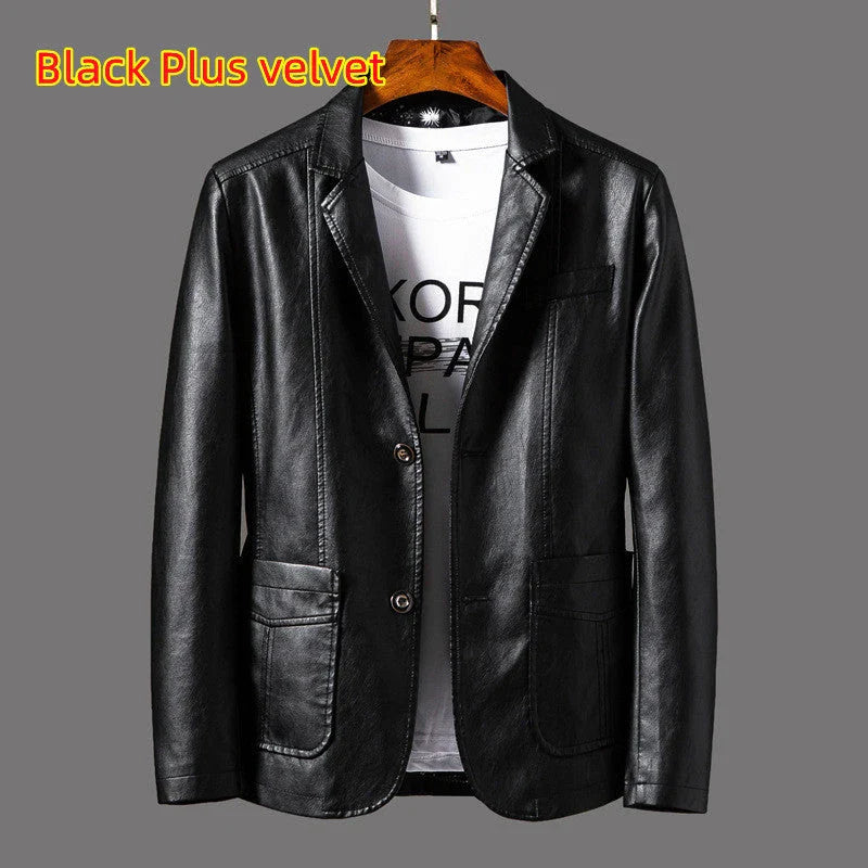 A stylish leather jacket with a unique studded lapel design, perfect for autumn and winter wear.