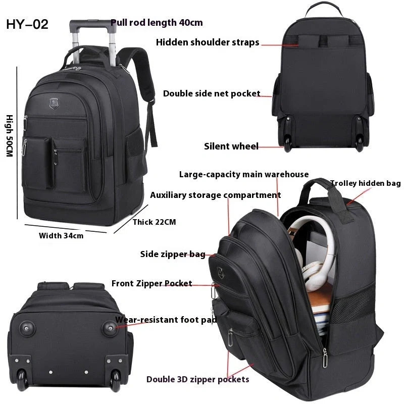 Durable, waterproof trolley backpack with single-directional wheel for smooth mobility and ample storage space for British travellers