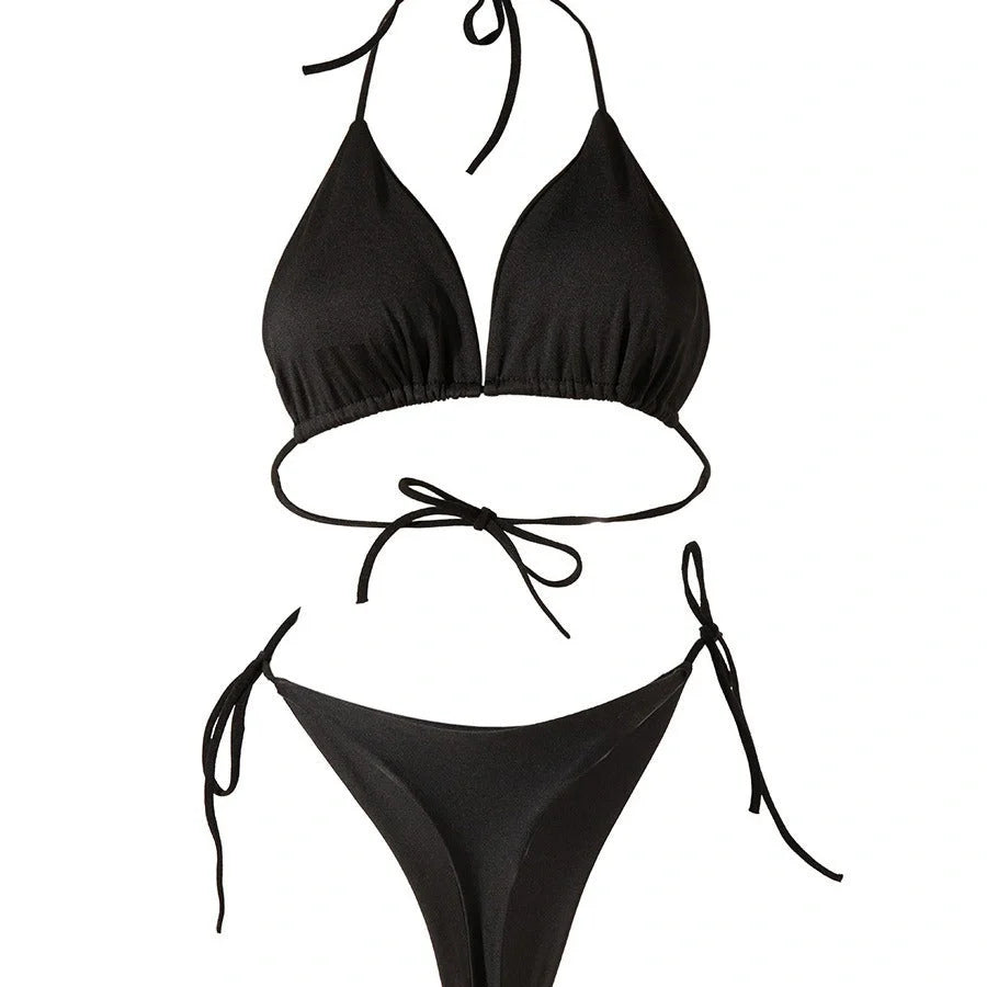 Stylish lace-up three-point bikini swimsuit with chest padding for British beach fashion
