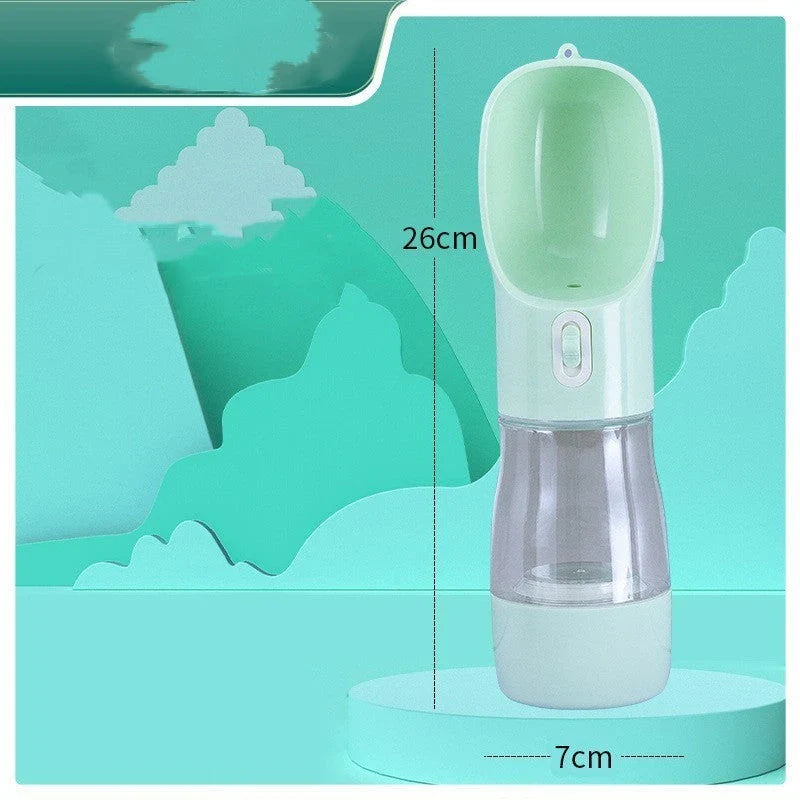Portable pet water bottle and food bowl made of durable plastic, available in multiple colors for outdoor adventures with your furry friend.