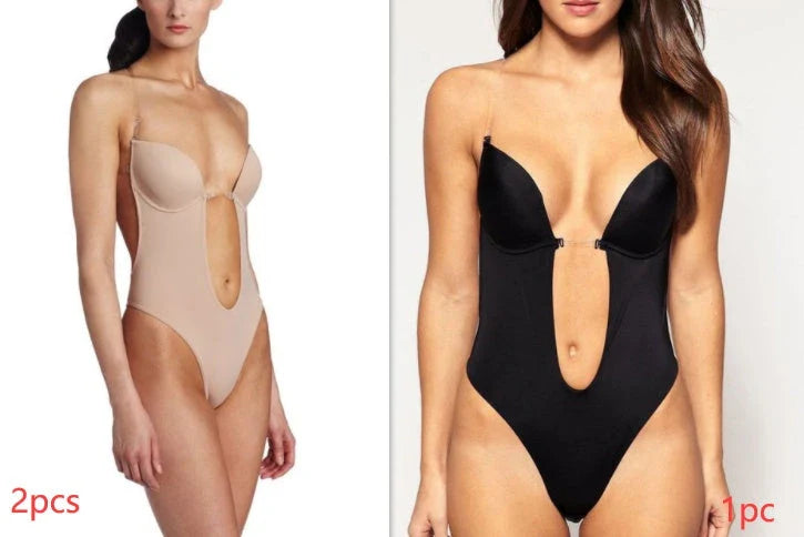 Versatile Backless Body Shaper Bra in beige, black, and white colors, featuring adjustable straps and compression panels for a customized fit