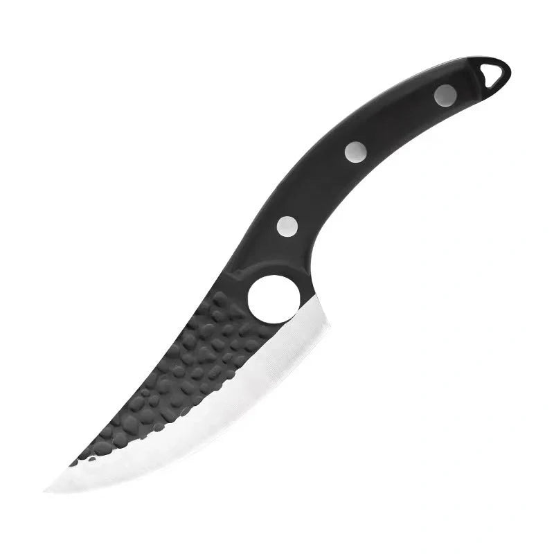Hand hammered stainless steel boning knife with leather case