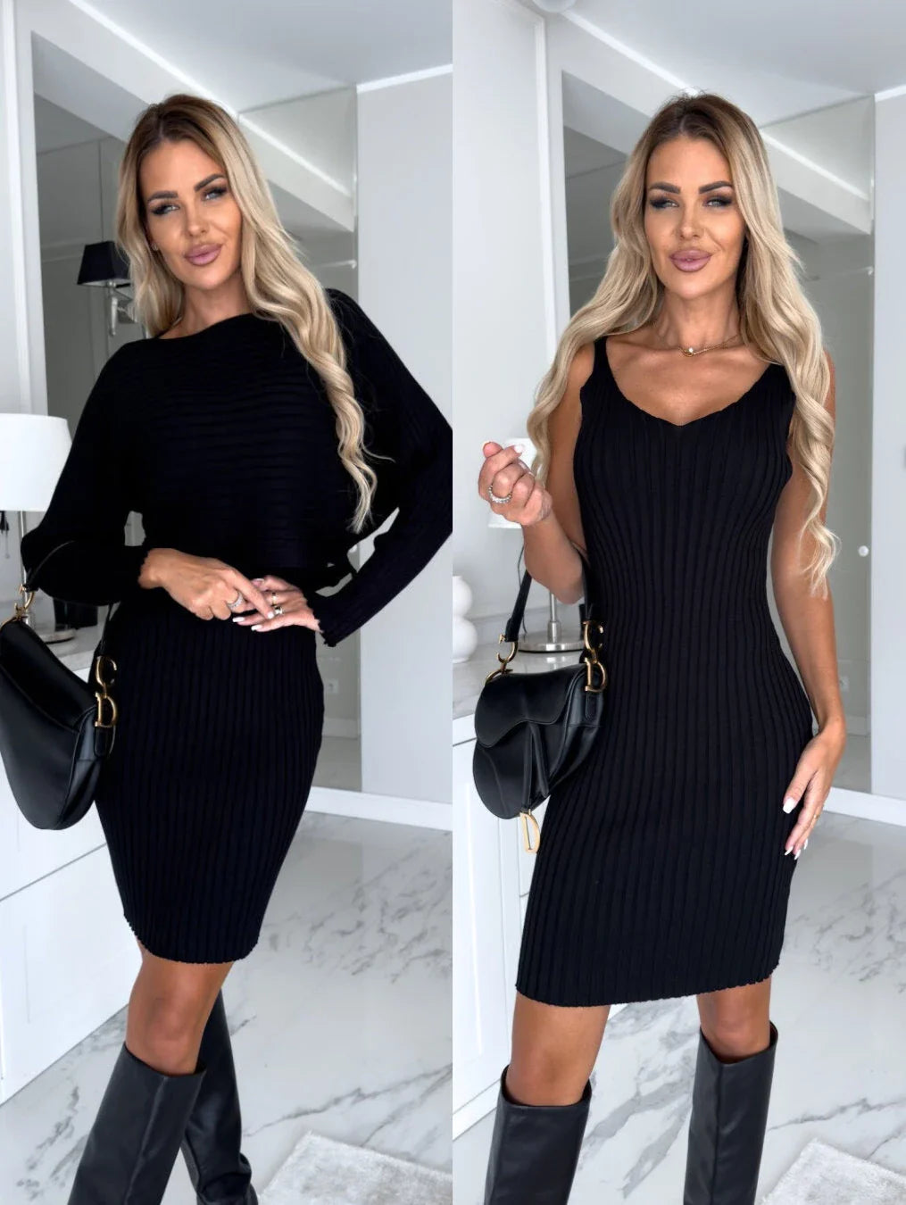 A stylish 2-piece outfit featuring a long-sleeve striped top and a suspender skirt in various colors.