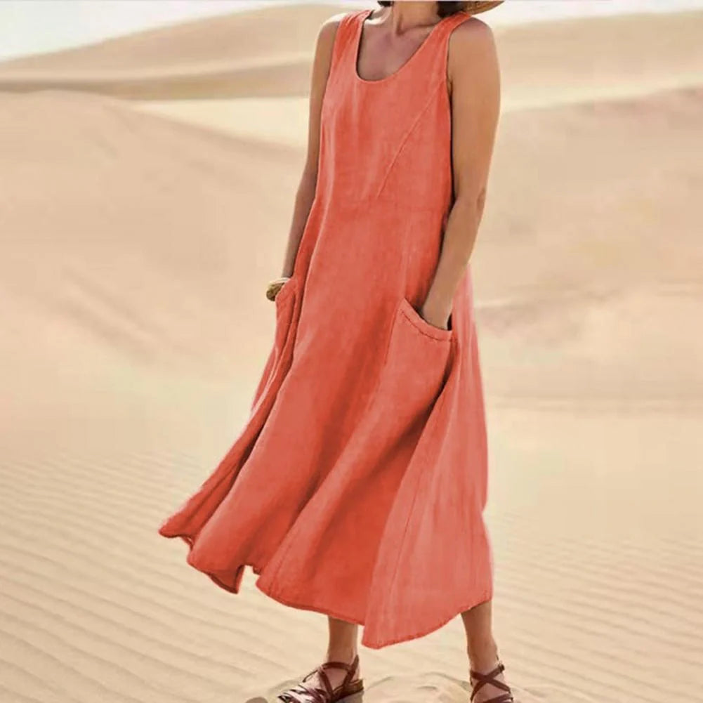 Stylish summer sleeveless long dress with pockets in various colours