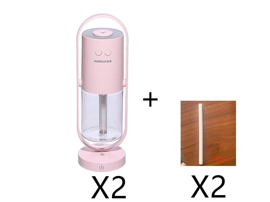 Compact USB Powered Desktop Humidifier with Ambient Lighting, featuring adjustable mist nozzle and romantic starry projection