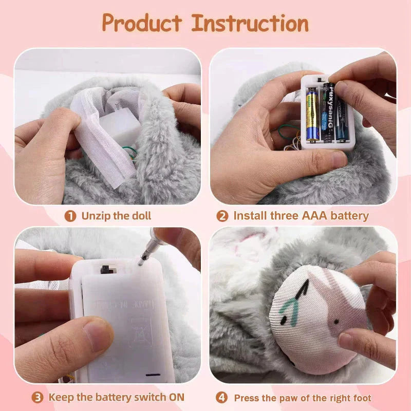 A soft, plush rabbit toy with a breathing mechanism that mimics natural respiration to soothe and comfort newborns