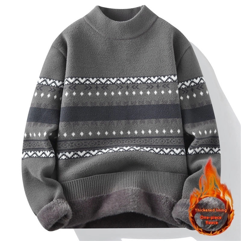 Men's mock neck velvet knit pullover in dark grey, black, and apricot