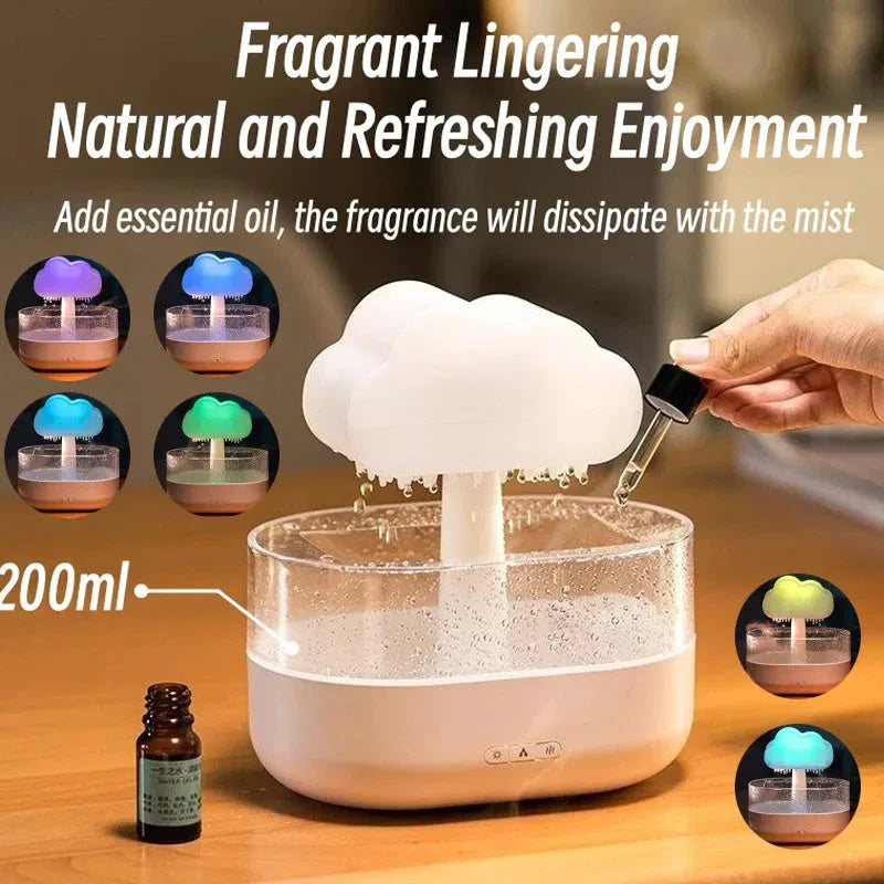 Stylish rain cloud-inspired humidifier with color-changing LED lights and essential oil diffuser for a relaxing and aromatic experience