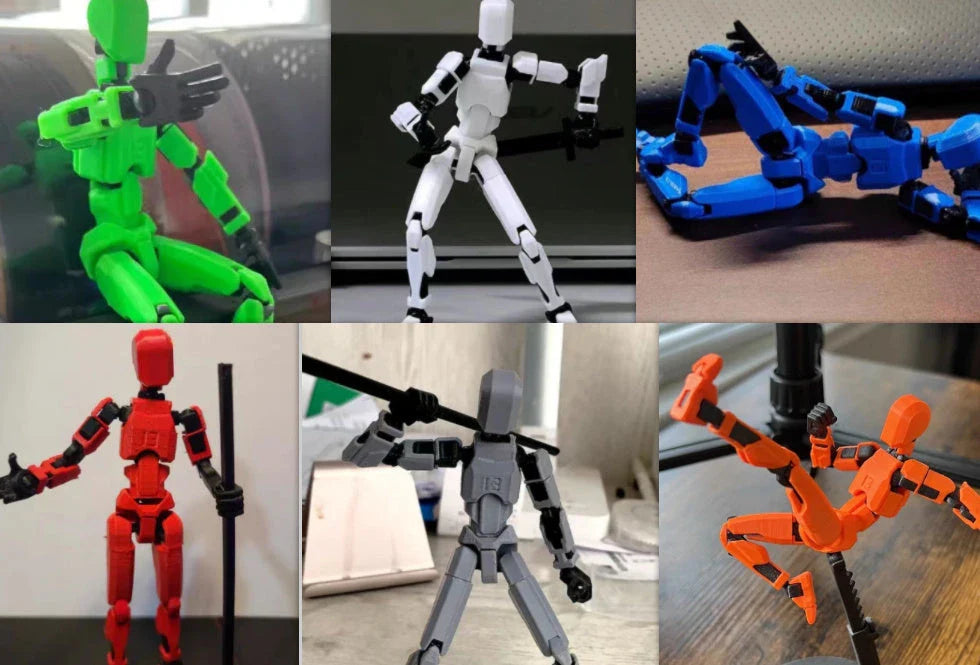 Poseable 3D-printed transforming robot action figure toy in various bright colors