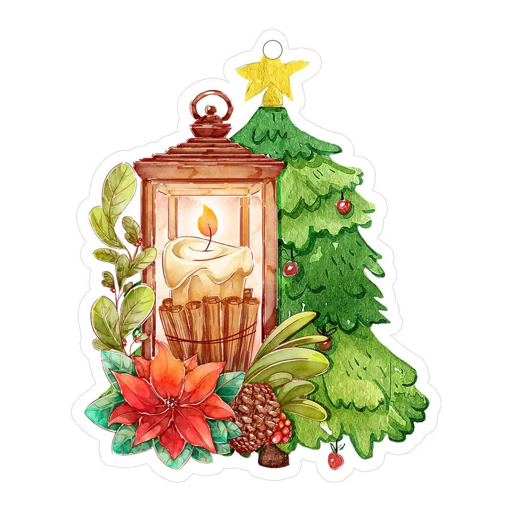 Festive car ornament hanging from rearview mirror with Christmas designs
