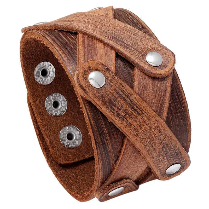 Vintage-inspired brown leather bracelet with geometric shapes and multi-layered design