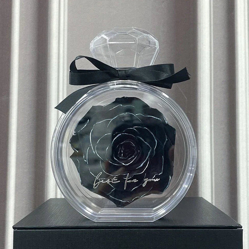 Preserved Rose Flower Ornaments in various colors, including red, pink, plum, and sapphire blue, displayed in a stylish gift box.