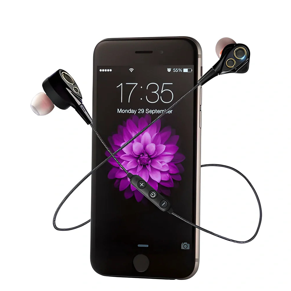Premium dual-driver wireless Bluetooth headphones with sleek, modern design and intuitive controls